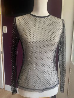Black Sheer Mesh Embellished Long Sleeve Top