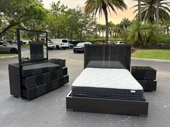 Queen Black/Grey Bedroom Set – Mattress, Box Spring, Frame, Headboard, Nightstand, Dresser, Mirror