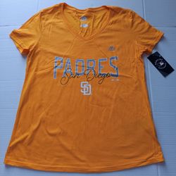 Women's M Padres Majestic V-neck Tee Gold Silver