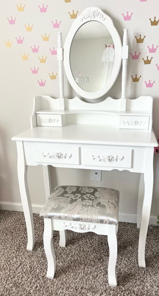 Vanity Table Set ,Makeup Table with Oval Mirror & Stool + a night stand