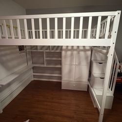Full Size White Loft Bed w/ Stairs, Desk, Shelves & Wardrobe