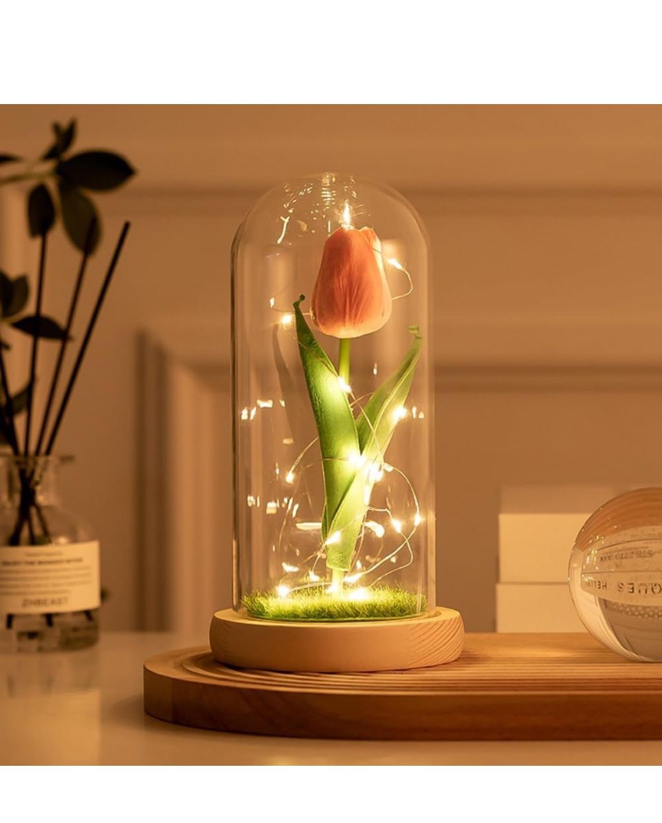 Preserved Rose in Glass Dome,Lighted Artificial Flower Tulip in Glass Dome,Artificial Sunflowers in Glass Dome with LED Strip,Rose Flower Gifts for Wo