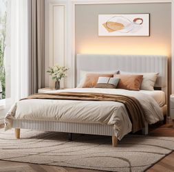 Queen Size Bed Frame with Headboard, LED Lighting, Vertical Channel Tufted Corduroy Upholstered, Solid Wooden Slat Support, No Box Spring Needed, Neve