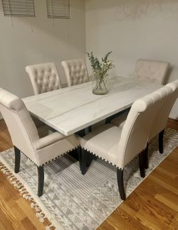 Marble Dining Table + 4 Beige Tufted Dining Chairs + 2 Captains Chairs