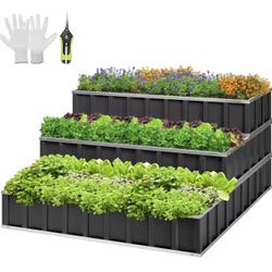 3-Tier Metal Raised Garden Bed 46x46x24 in Galvanized Steel Planter Box with Gloves and Scissors for Vegetables Herbs Flowers