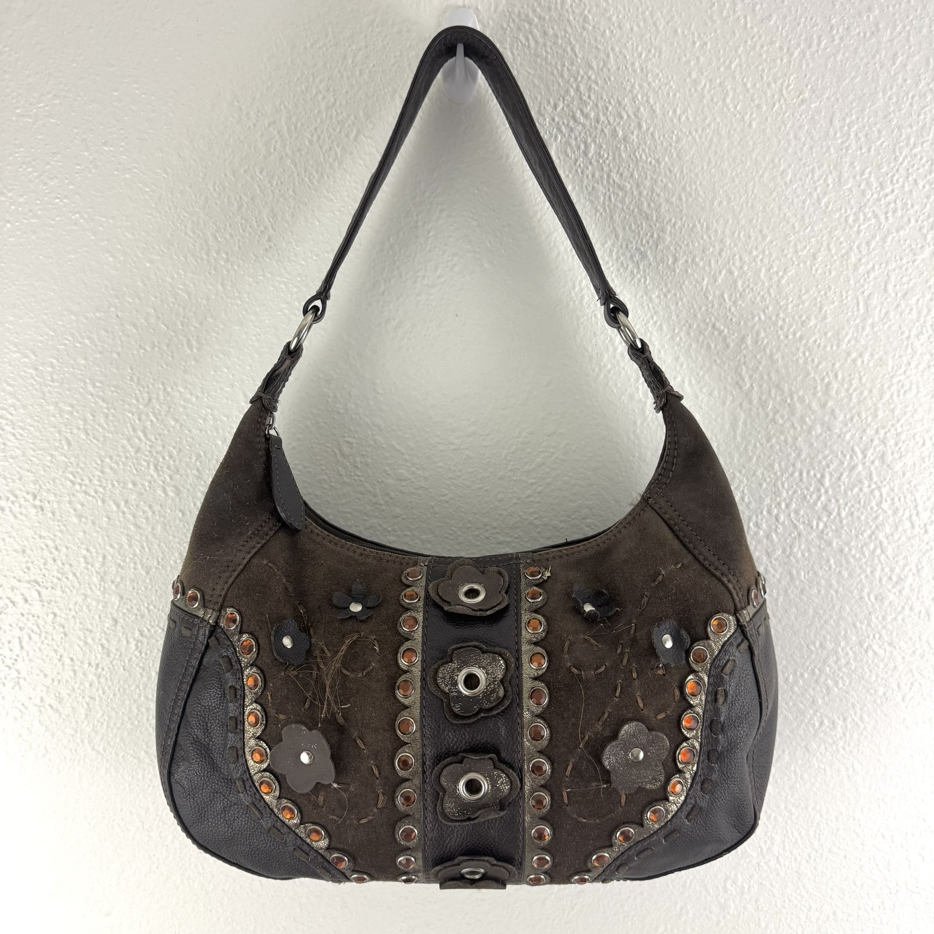 WILSONS LEATHER Dark Brown Suede Boho Floral Studded Slouchy Hobo Shoulder Bag