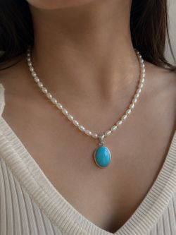Natural Pearl Necklace with Persian Turquoise Pendant - 925 Sterling Silver