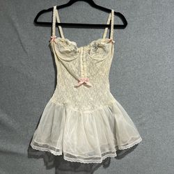 Vintage Emil Bole Inc Ivory Lace Babydoll Teddy Pink Bows Ruffle Skirt Small USA