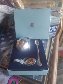 SILVER Polished Baby Cup and Spoons 3 Pieces Gift Set Marked Pewter Web 1172