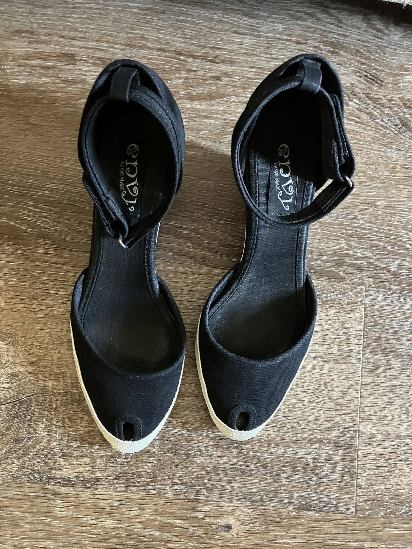 Black Fabric Peep Toe Wedge Size 9