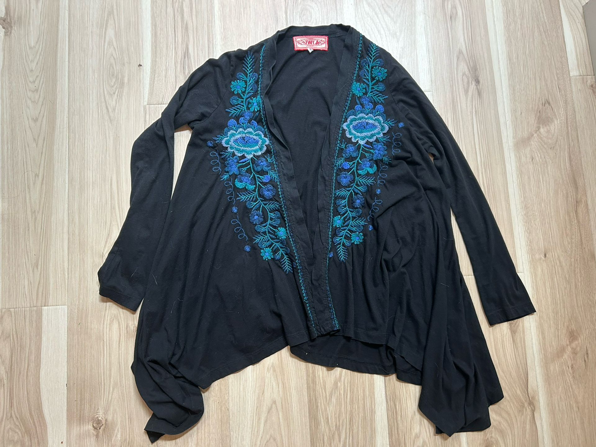 Johnny Was JWLA Jacket Black Blue Embroidery Long Sleeves Cotton Size Small