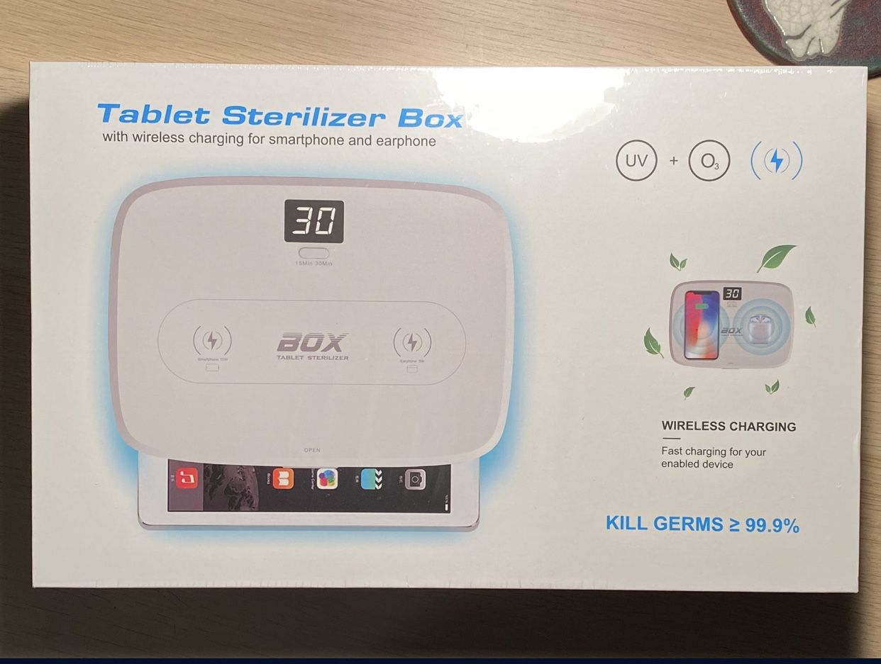 Tablet Sterilizer box with wireless charging for smart phone, Earbuds, Keys, Tablet, Etc.
