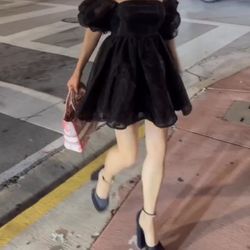 Black Organza Puff Sleeve Mini Dress – Off Shoulder – Romantic / Birthday Dress – Size S