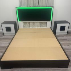 Brand New Queen Bed Frame with Led Lights and 2 Nightstands / Cama Queen y 2 Mesas de Noche Nuevo a Estrenar … Fast 🚚