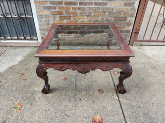 Vintage Ornate Wood Coffee Table with Glass Inset