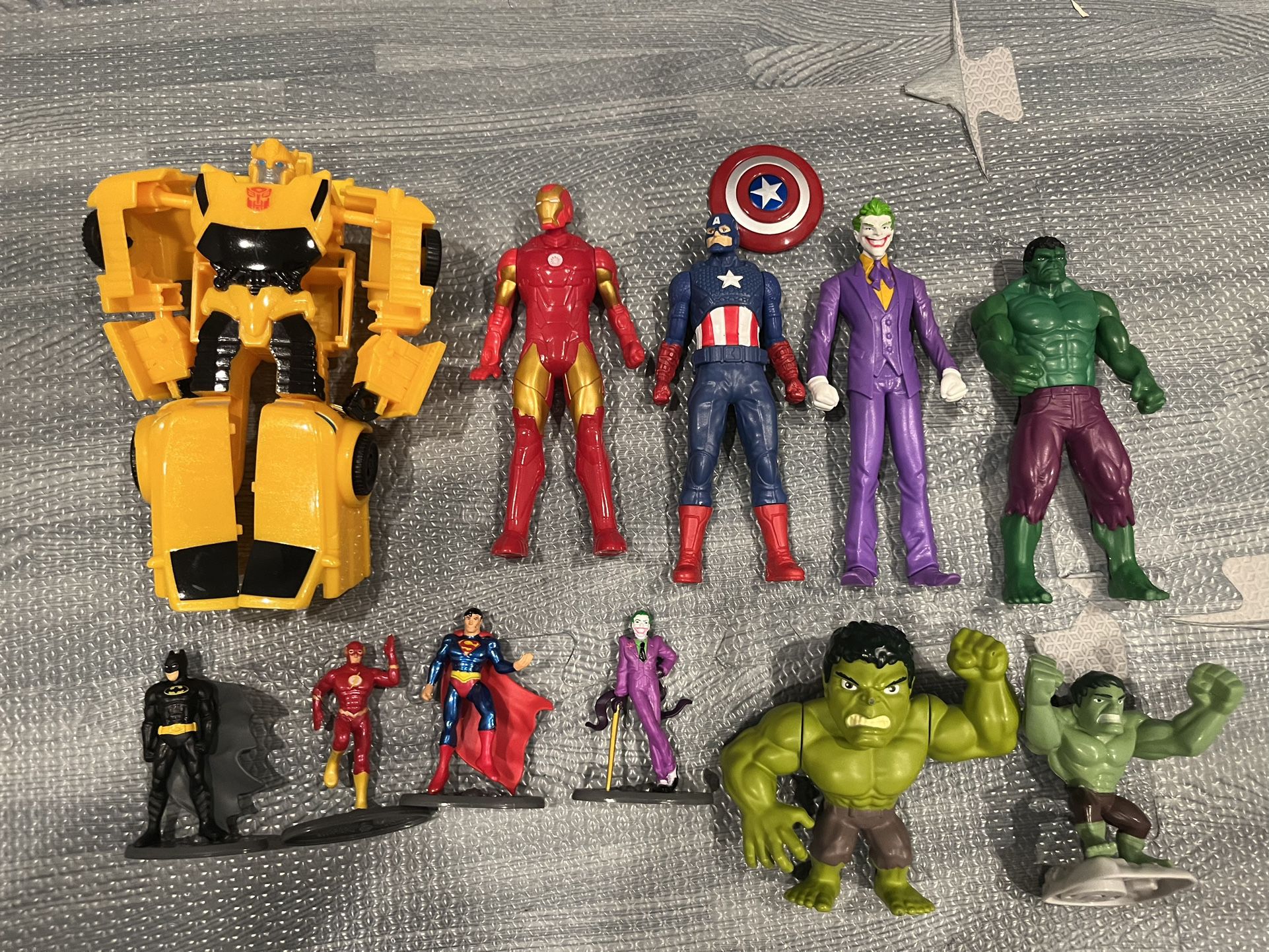 DC Marvel Figures.  Transformer, Iron Man, Captain America, Joker, Incredible Hulk