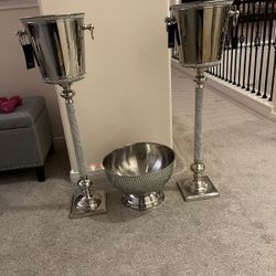 Brand new!  tahari rhinestone wine chillers with stands and matching ice bucket