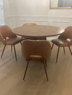 Modern Walnut Round Dining Table Set + 4 Chairs