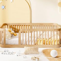 Brand new in box Wood Twin Size Wood Floor Bed Frame with Fence, Easy Assembly & No Box Spring Needed, Natural (Natural)  📍 3749 Scott Futrell Dr, Ch