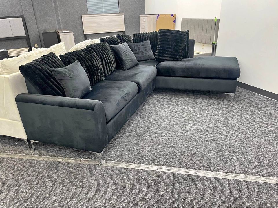 Brand New Velvet Black & Beige Sectional Sofa