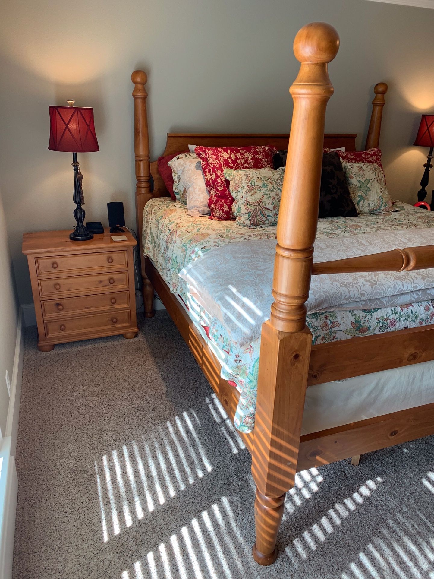 Extra-tall, Heavy-duty Oak King Bed Set (includes bed frame, box spring, mattress and both night stands) - $400