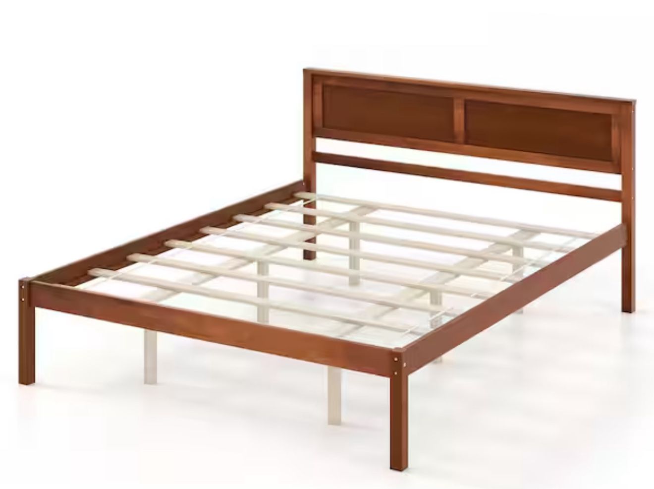 Brown Walnut Wood Frame Queen Size Platform Bed Frame with Headboard Mattress Foundation