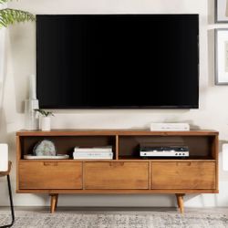 Tv Media Console Table Stand 58” 3 Drawers Mid Century Solid Wood 
