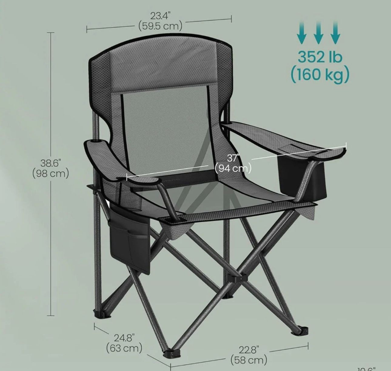 SONGMICS Camping Folding Lawn Chair w/ Cooler Bag 352 lb Weight Capacity - Gray