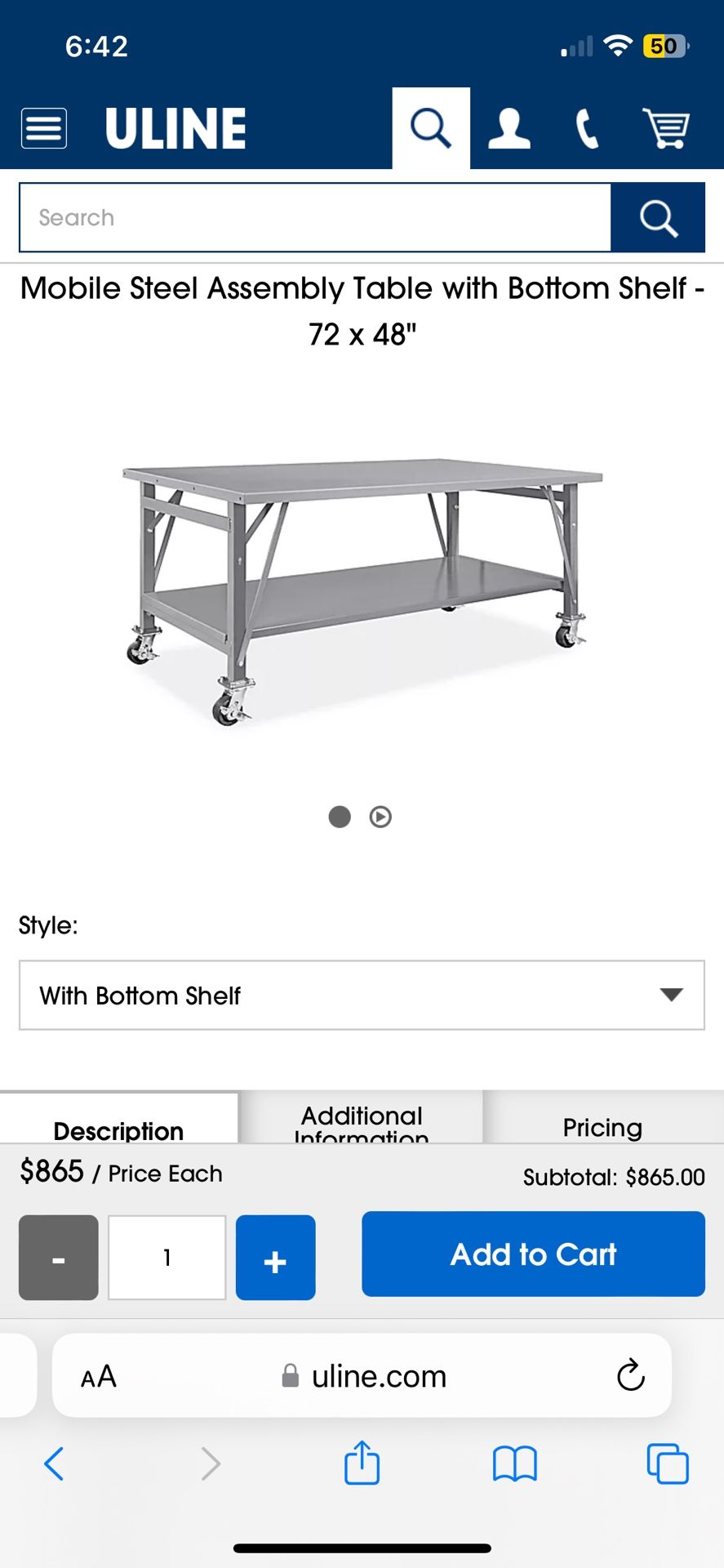 Uline Shop Table 4’ X6’ With Casters 