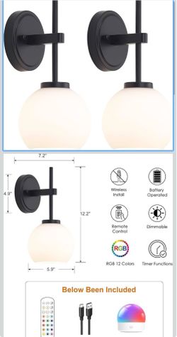 Black Wireless Rechargeable Wall Sconces with Remote Control, Battery Operated Wall Sconce Set of 2, LED Dimmable Wall Lights with Opal White Glass Sh