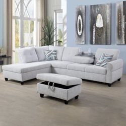 NEW White Gray Sectional Sofa Couch With  Cup Holders, Free Ottoman And 2 Pillows  