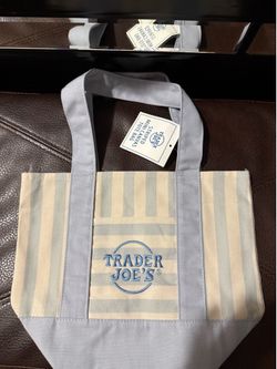 Brand New Trader Joe’s Striped Mini Canvas Tote Bag Light Blue