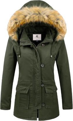 Uoiuxc Women's Winter Parka Coat Large Army Green - Faux Fur Hood Warm Jacket