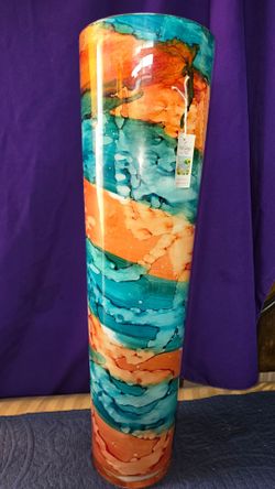 Vidi Glass Tall Cylinder Floor Vase is a Handcrafted, Reverse-Hand-Painted Art Glass Piece from Vidi Glass featuring a vibrant abstract turquoise and 