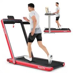 Costway - Up To 7.5MPH 2.25HP 2 in 1 Dual Display Screen Treadmill Jogging Machine W/APP Control - Red