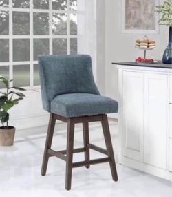 27 in. Wood Swivel Counter Stool with Grey Legs in Navy Fabric