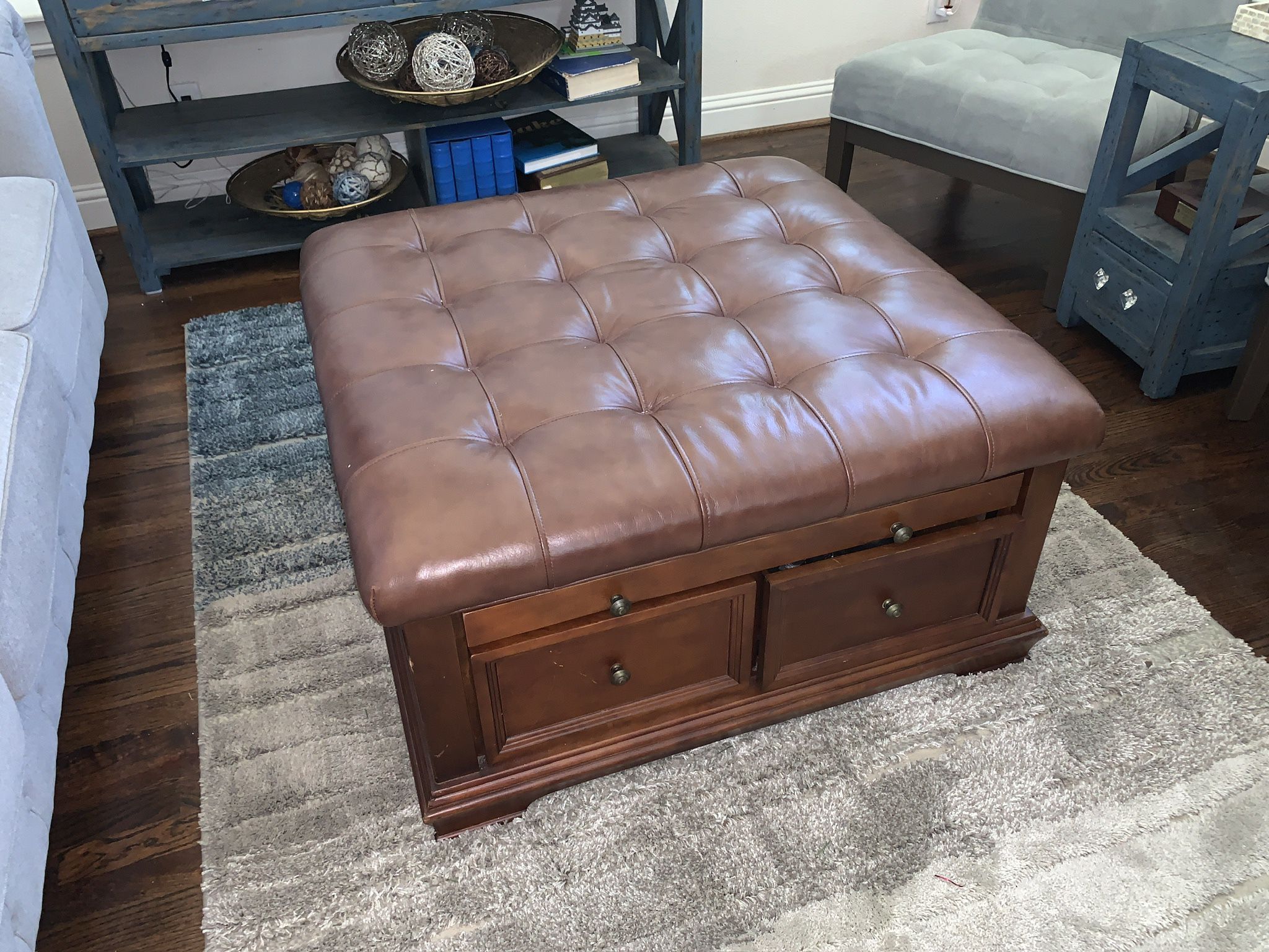 Brown leather and Wood Storage Ottoman 