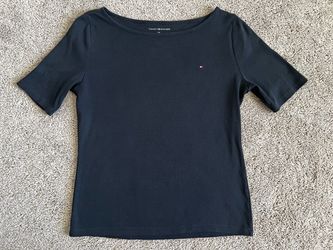 Tommy Hilfiger Women's Navy Blue Boat Neck Short Sleeve Top T-Shirt Size L