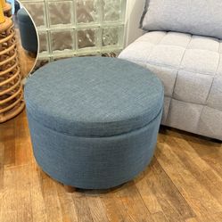 New Storage ottoman 24” round x 16” high Teal linen fabric