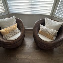 For Sale: Pair of Modern Woven Accent Chairs  Beautiful, unique woven accent chairs sold as a pair. Stylish rounded design with a smooth dark wood-ton