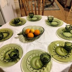 Green antique glass Plates and cups,fruit bowl