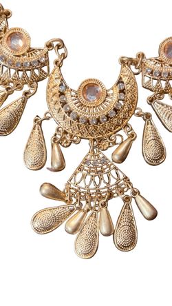 Gold Tone Boho Statement Necklace Rhinestone Teardrop Dangle Bib Necklace