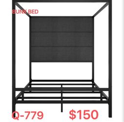 (Q-779)LUMISOL Queen Size Metal Canopy Bed Frame, 4 Poster Bed with 76.5" Tall Headboard, Upholstered Canopy Platform Bed with Metal Poles, Black + Da