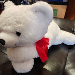 Ron Banafato RBI Vintage 18" White Plush Teddy Bear w Red Bow, in Remarkably Good Condition considering it's Age!