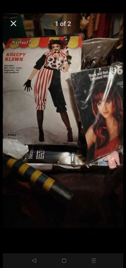 Creepy clown costume shirt pants color suspenders hat with headband.. and I have a lg hammer wig 🗡️