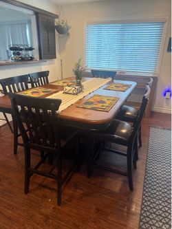 Must go Today!!(Best Offer) 🍷 Solid Wood Pub‑Height Table + Built‑In Folding Leaf + Storage + 6 Chairs