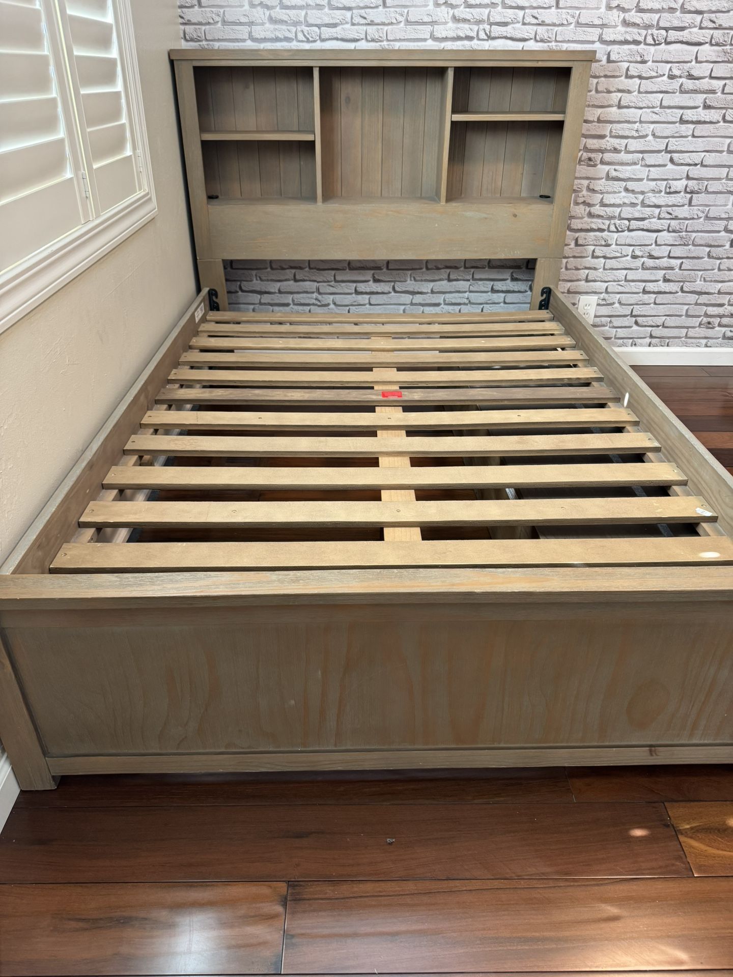Bedroom set: Wooden Bed Frame (full) with Headboard Storage and matching dresser.