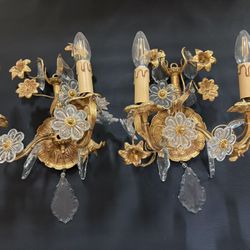 Pair French Vintage Crystal and Amethyst Flowers Sconces  