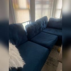 Blue Sectional Sofa, Heavily Worn with Multiple Tears - Good - 204 S Lincoln St, Poynette, WI