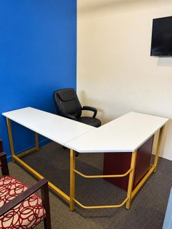 (2) Modern White & Gold L-Shaped Office Desk